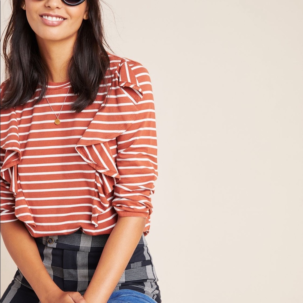 Anthropologie Erika Ruffled Tee long sleeve size XS.